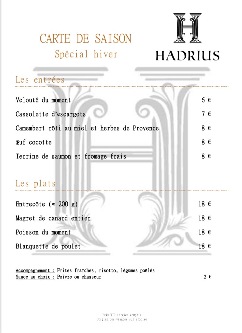 Carte de saison - Entrées et Plats